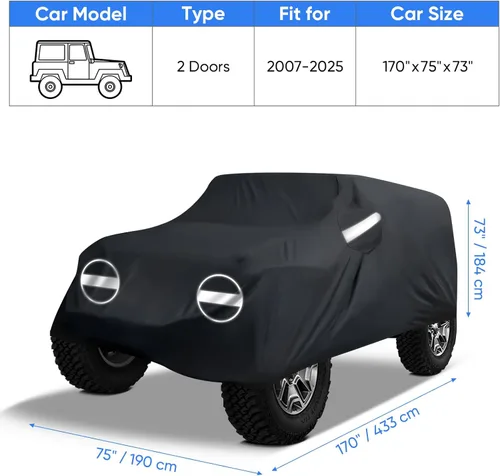 Vista 5 de NEVERLAND Funda para coche para Jeep Wrangler de 2 puertas, fundas impermeables para coche, protección contra el sol y la lluvia para Jeep Wrangler
