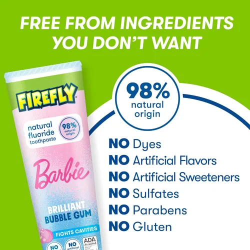 Vista 4 de Firefly Pasta dental anticaries con flúor natural para niños, Barbie, sabor a chicle (4.2 onzas)