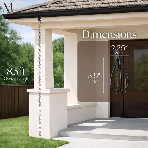 Vista 4 de Monarch Rain Chains Cadenas de lluvia negras de lágrima de aluminio para canaletas – Cadena de lluvia decorativa negra de 8.5 pies, cadena