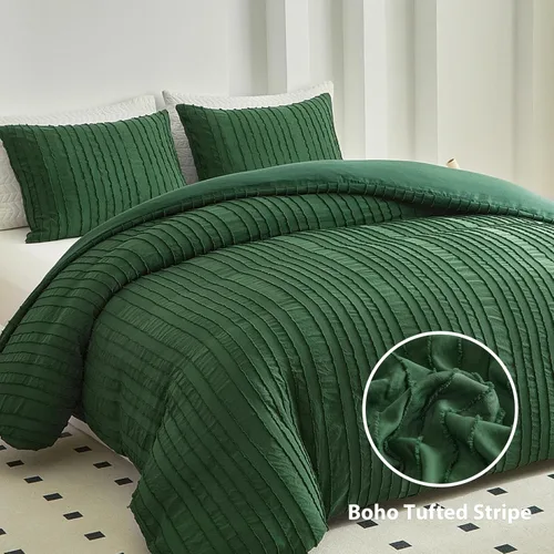 Vista 2 de WARMDERN Juego de funda de edredón de color verde bosque, tamaño Queen, funda de edredón con textura a rayas, juego de ropa de cama bohemio, 3