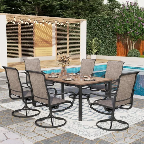 Vista 9 de PHI VILLA Juego de comedor de 5 piezas para patio al aire libre con 4 sillas de comedor giratorias y 1 mesa de comedor similar a la madera, silla