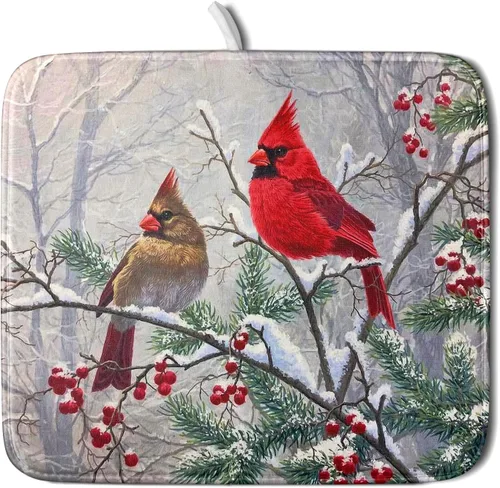 Vista 29 de Tapete de secado de platos con diseño de pájaro rojo de Feliz Navidad, absorbente y de secado rápido, protector para encimera de cocina, 18 x 24