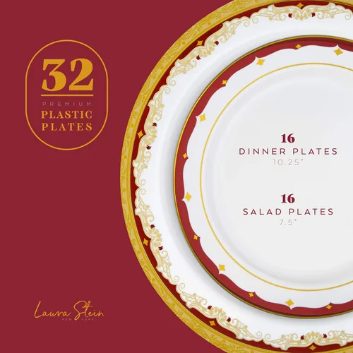 Vista 2 de Juego de vajilla desechable de plástico para Acción de Gracias de 32 piezas con borde burdeos y acentos dorados de Laura Stein