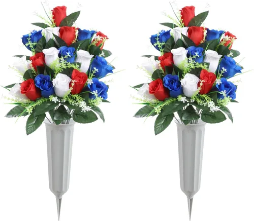 Vista 13 de U'Artlines 2 piezas de flores de cementerio artificiales con jarrón para tumba, flores de rosa de seda conmemorativas, flores de tumba al aire libre