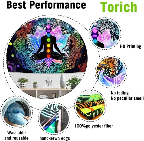 Vista 6 de Torich Tapiz de siete chakras, luz negra, meditación reactiva a los rayos UV y espiritual para yoga, pósteres verticales, hippie mandala trippy