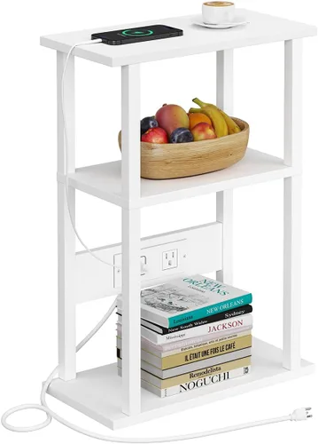 Vista 33 de VIMBER Juego de 2 mesas auxiliares con estación de carga, mesa auxiliar estrecha con puertos USB y tomas, mesitas de noche con estantes
