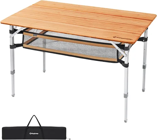 Vista 9 de KingCamp Mesa de Bambú Plegable Mesa de Camping Ecológica con Patas de Aluminio de Altura Ajustable Resistente 4 Pliegues Mesas de Campamento