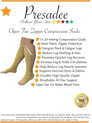 Vista 6 de Presadee Calcetín de compresión moderada de 15-20 mmHg con puntera abierta, con cremallera, hinchazón de pantorrillas