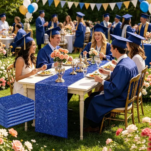 Paquete de 6 caminos de mesa de lentejuelas azul rey de 12 x 72 pulgadas con purpurina a granel para decoraciones de bodas, fiestas de graduación