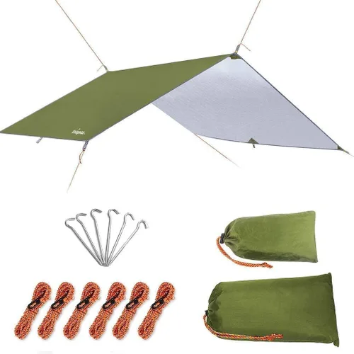 Vista 17 de Unigear Toldo para Hamaca contra Lluvia, Lona de Campamento de 16.5/14.4/13.1/9.8 pies, Protección UV e Impermeable y Ligera para Campamento, Marrón
