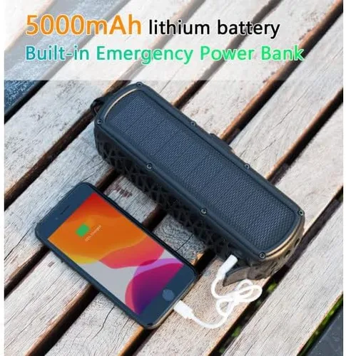 Vista 4 de Altavoz solar Bluetooth portátil para exteriores, Bluetooth IPX6, resistente al agua, con batería de 5000 mAh, 60 horas de tiempo de reproducción