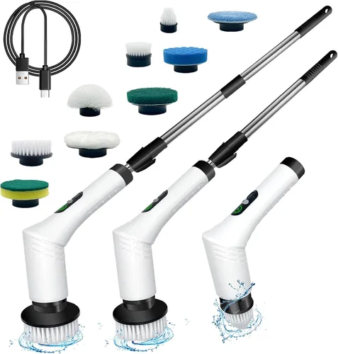 Vista 8 de Cepillo de limpieza multifuncional 9 en 1 con mango desmontable, 9 cabezales de cepillo reemplazables y pantalla LCD, limpiador giratorio eléctrico