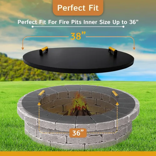 Vista 3 de Simond Store Cubierta redonda para hoguera de 38 pulgadas – Tapa de acero al carbono recubierta de polvo de 0.069 pulgadas con 2 asas ergonómicas