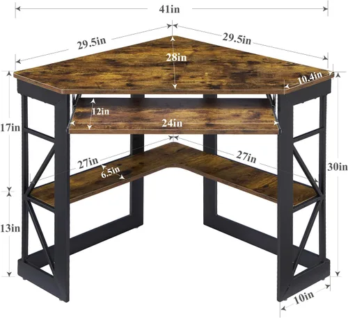 Vista 2 de VECELO - Escritorio de esquina para computadora, mesa de escritura con bandeja para teclado suave y estantes de almacenamiento, mesa triangular