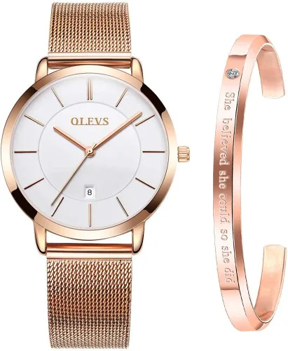 Vista 8 de OLEVS Reloj de regalo para mujer con pulsera de oro rosa para mujer minimalista simple delgado casual analógico de cuarzo impermeable dos tonos