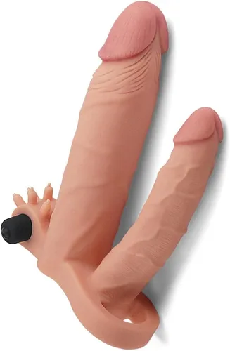Vista 3 de Honeypleasures - Extensor de manga de doble pene de 1 pulgada extra y bucle de bola con estimulador vibratorio de clítoris, doble penetración DP