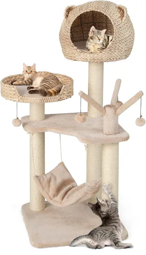 Vista 10 de Tangkula Moderna torre de árbol para gatos, centro de actividades de varios niveles con postes rascadores de sisal natural, hamaca, hecho a mano