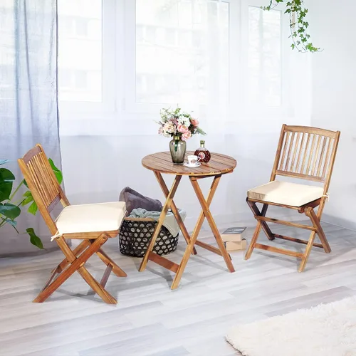 Vista 7 de Juego de 3 piezas de bistró para patio, juego de bistró plegable de madera de acacia con mesa de centro redonda y cojín acolchado, juego de mesa