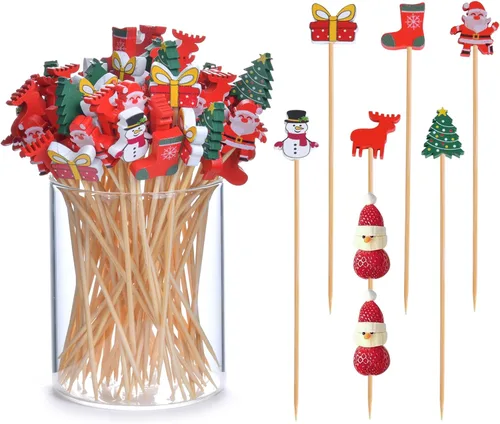 Vista 7 de JtmyAota - 100 unidades de palillos de dientes de Navidad para aperitivos, palillos de bambú natural de 4.7 pulgadas para cóctel, pastel, postre