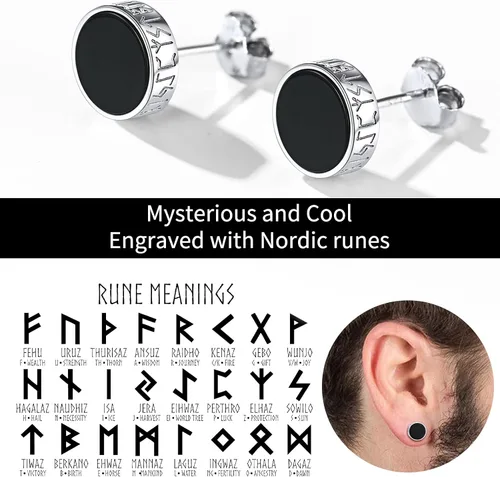 Vista 7 de ChicSilver Pendientes de tuerca de plata de ley 925 con runa vikinga de ónix negro natural para mujeres y hombres