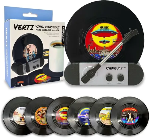Vista 11 de Divertidos posavasos retro para discos de vinilo, juego de 6 posavasos creativos con soporte para tocadiscos de vinilo para amantes de la música