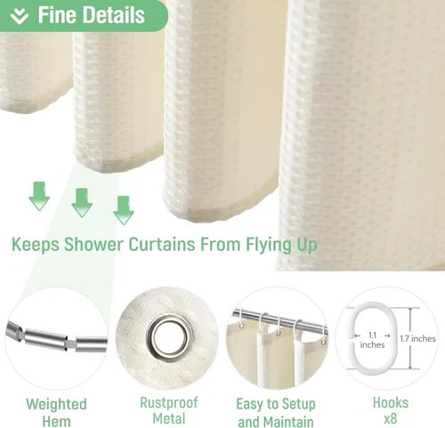 Vista 760 de Cortina de ducha de tela Dynamene verde oscuro - Cortinas de baño de tela de nido de abeja texturizadas resistentes, juego de cortinas de baño