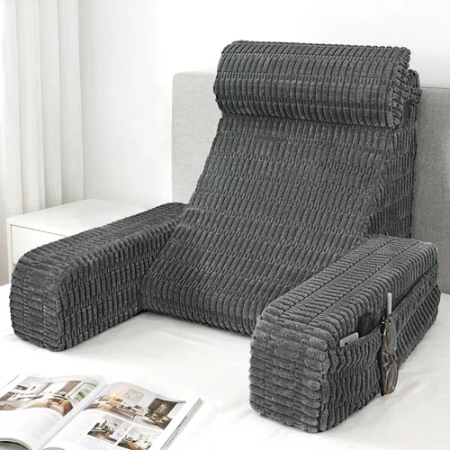 Vista 11 de Almohada de lectura de 19 pulgadas para cama con brazos integrados y bolsillos grandes, cojín de respaldo de apoyo para leer, descansar o Gris