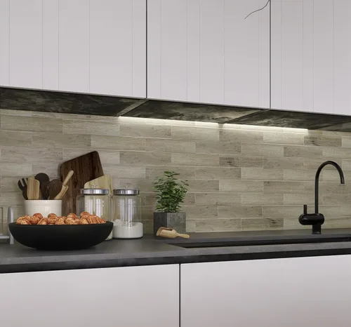 Vista 4 de COLAMO Azulejos de aspecto de madera para despegar y pegar, grueso y rígido de roble desgastado en la cocina, paneles adhesivos de madera sintética