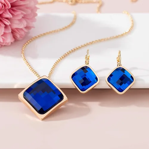 Vista 3 de EVEVIC Collar cuadrado de cristal austriaco pendientes para mujer, chapado en oro de 18 quilates, hipoalergénico