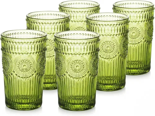 Kingrol Juego de 6 vasos vintage en relieve, cristalería Highball de color de 12 onzas, tazas gruesas de vidrio verde sin plomo para cóctel, jugo y