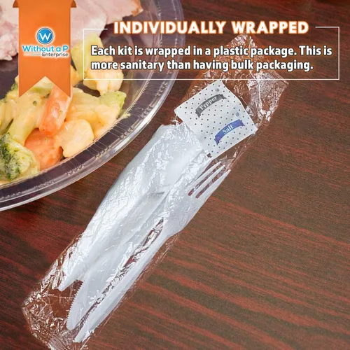Vista 5 de Juego de cubiertos de peso pesado envasados individualmente en blanco, cubiertos de plástico fuerte y resistente, cuchillo, cuchara, tenedor