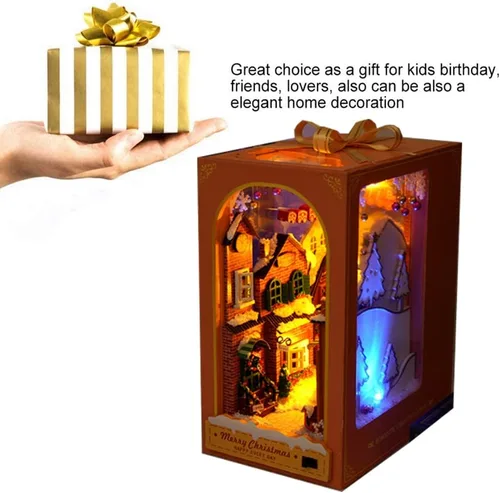 Vista 6 de Soporte de madera 3D para libros, rompecabezas para casa de muñecas, kit de casa de muñecas colgante de madera con luz LED, colección de decoración