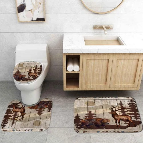 Vista 189 de Camille&Andrew - Juego de 4 cortinas de ducha de tela de ciervo rústico negro, alce, alce, pino, luna, casa de campo, panel rústico, tablero