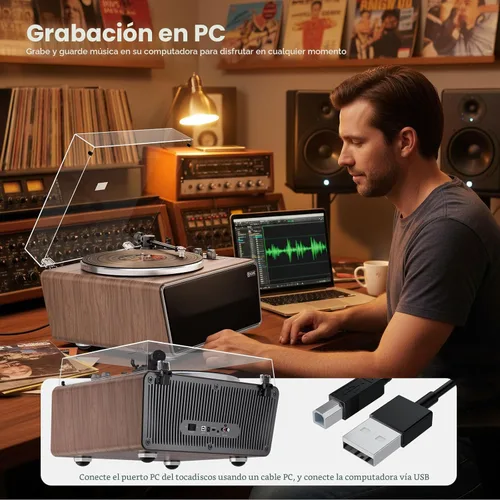 Vista 5 de Tocadiscos de vinilo todo en uno, tocadiscos Bluetooth integrado con 4 altavoces estéreo, preamplificador de teléfono, tocadiscos de alta fidelidad