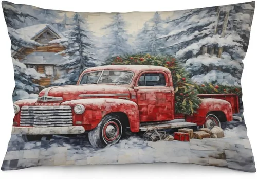 Vista 22 de Protector de almohada de árboles de pino de Navidad rojo y verde de 12 x 20 pulgadas, funda de cojín de vacaciones de invierno, funda de almohada