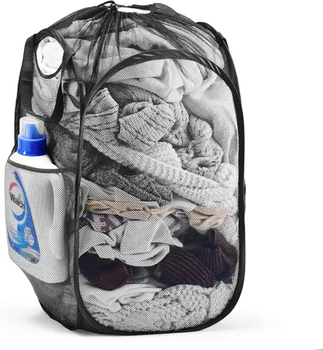 Vista 38 de TECHMILLY Cesta plegable de malla para la ropa sucia con asas resistentes y bolsillo lateral, cestas plegables portátiles para ropa para dormitorio