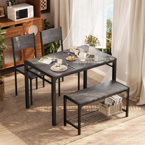 Vista 10 de Shahoo Mesa de cocina y 2 sillas para 4 personas con banco, juegos de comedor de 4 piezas para espacios pequeños, color marrón rústico