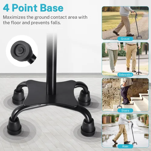 Vista 5 de Adjustable Walking Cane for Men & Women – 4-Pronged Base for Stability – Foldable Cane for Seniors with Foam Padded Offset Handle(Black)