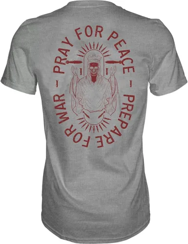 Vista 4 de Combat Iron Camiseta estampada de manga corta para hombre con texto en inglés "Pray for Peace, Prepare for War
