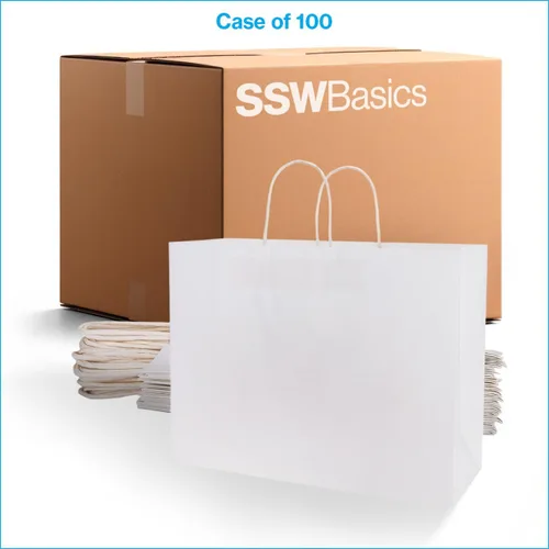 Vista 6 de SSWBasics Bolsas de papel grandes con asas - Bolsas de compras de papel kraft blanco, caja de 100, ideal para venta al por menor y regalos, embalaje