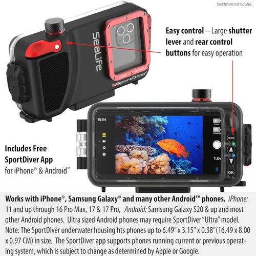 Vista 2 de Funda de buceo para smartphone submarino SeaLife y dragón marino de 2500 lúmenes de luz impermeable