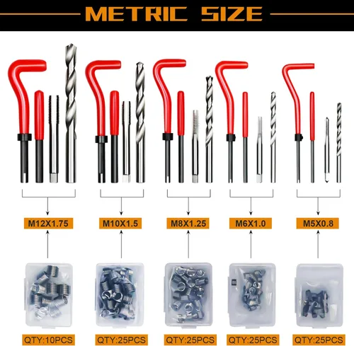 Vista 5 de Kit de reparación de roscas Helicoil, 261 piezas Kits reparadores de rosca Taladro HSS Kit Helicoil, herramienta de reenhebrado con medidor