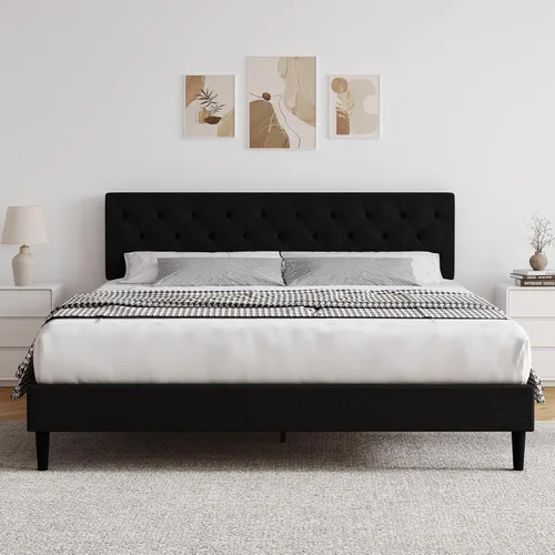 Vista 12 de HOMBCK Base de cama de tamaño individual con cabecera, base de cama tapizada con plataforma de lino para niños, base de cama de tamaño individual