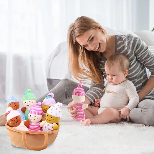 Vista 5 de Basket Plush Baby Dolls Soft Multicultural Sensory Babies Toy Set 6 Piece Interchangeable Clothes Stuffed Plush Figures for All Ages Easter Gift