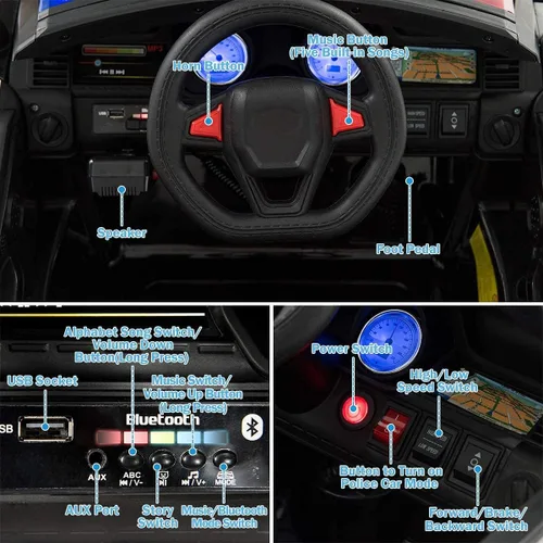Vista 9 de GLACER Auto eléctrico para niños, auto de policía de 12 V con control remoto de cambio de 3 velocidades de 2.4 G, megáfono real, luz intermitente