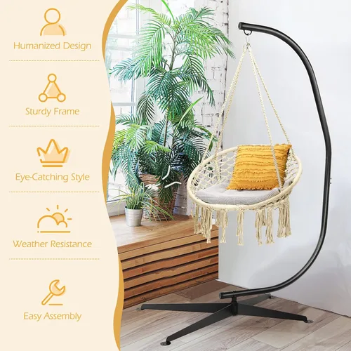 Vista 6 de Giantex Hamaca Swing Silla con soporte, cuerda de algodón tejida a mano con soporte de acero sólido resistente C, hamaca colgante al aire libre