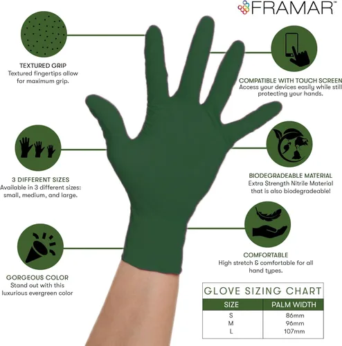 Vista 2 de FRAMAR Guantes verdes desechables sin látex, guantes de nitrilo sin polvo, pequeños, guantes de goma desechables, guantes de nitrilo biodegradables