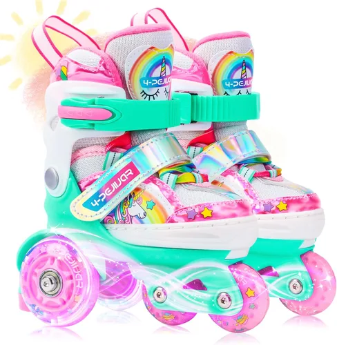 4-Pejiijar Rainbow Unicorn - Patines de ruedas para niñas de 2 a 4 años, 5-8, 8 a 12, zapatos de ruedas ajustables con ruedas luminosas para regalos