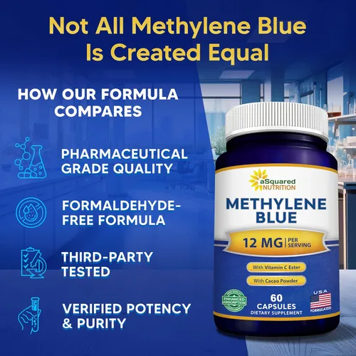 Vista 8 de aSquared Nutrition Cápsulas de azul de metileno – Suplemento de grado farmacéutico para humanos – 12 mg de grado USP – con vitamina C y cacao