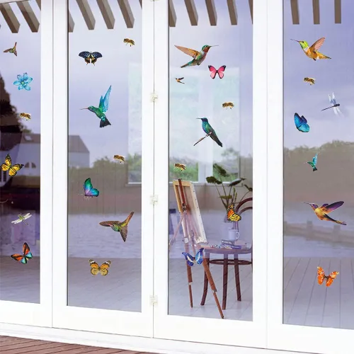 Vista 3 de 32 calcomanías de acuarela de mariposa y colibrí, calcomanías de pared de flor de libélula de abeja, decoración artística de pájaros voladores